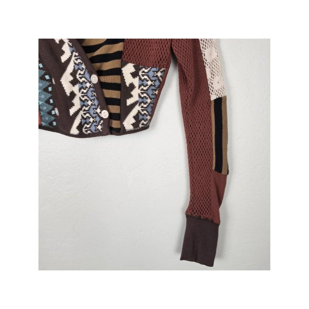 Free People Pieces Of Me Top Patchwork Knit Long Sleeve Crop Multicolor Size XS